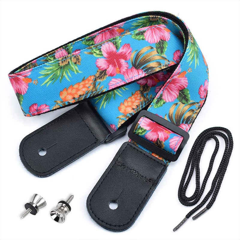 CLOUDMUSIC Ukulele Strap Tenor Concert Soprano Baritone Coloful Hawaii Floral Patterns For Adult Size Kids(Pink Hibiscus In Blue) - Image 1